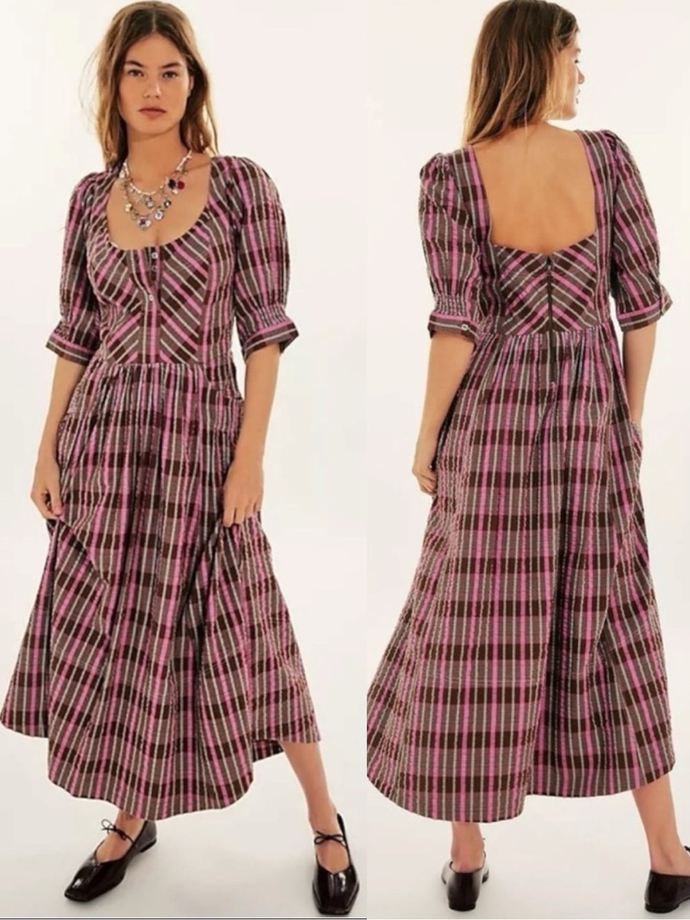 Free People Tulie Plaid Midi Dress Pink Brown Small NWT Western Prairie Preppy